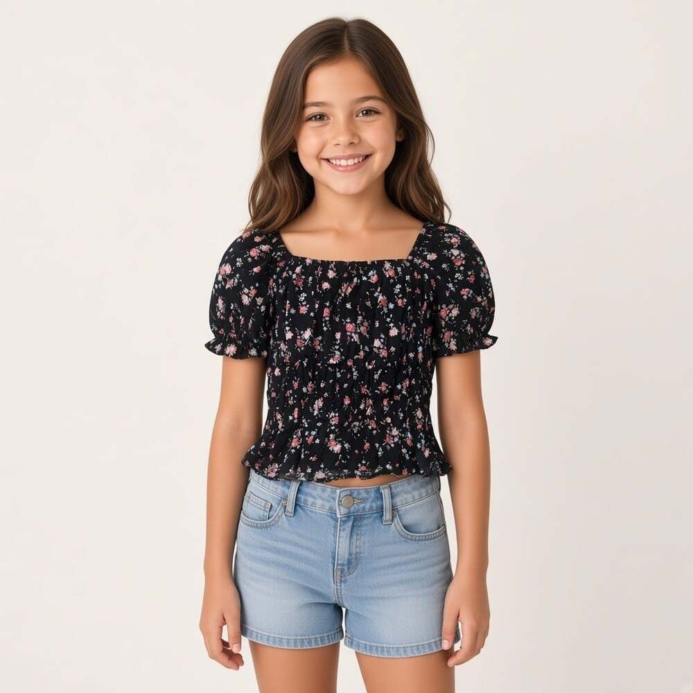 Art Class Black Ditsy Floral Off Shoulder Smocked Crop Top Puff Sleeve Girls 8